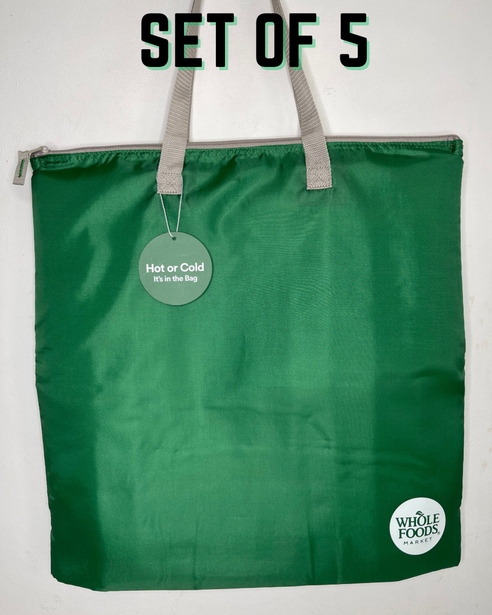 Set of 5! Whole Foods Large Slim Shopper Insulated Cooler Tote Bag Green w/ Logo